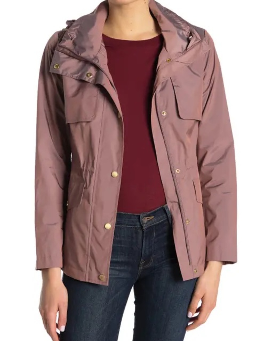Cole Haan Mauve Iridescent Hooded Anorak Rain Jacket Gold Hardware Packable Hood